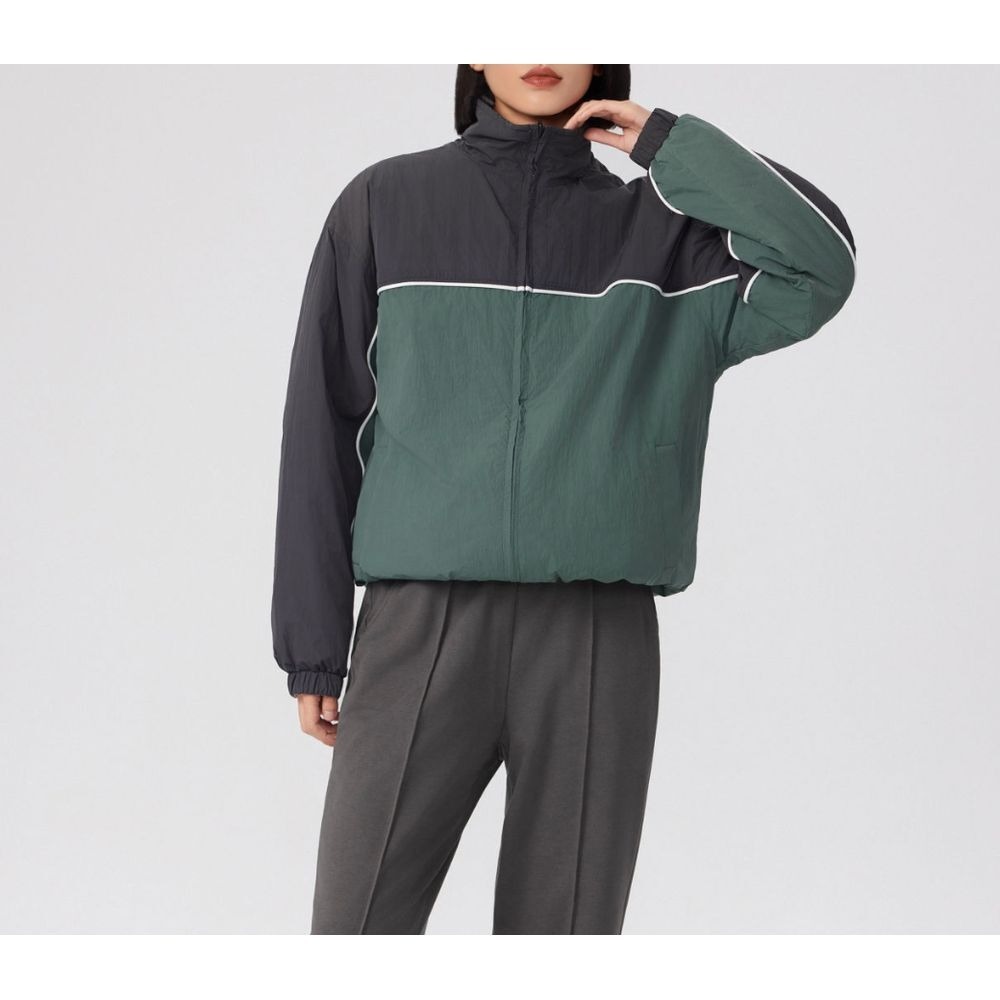 Stylish Two-Tone Windbreaker Jacket Green Gray Zip-Up Sporty Outerwear